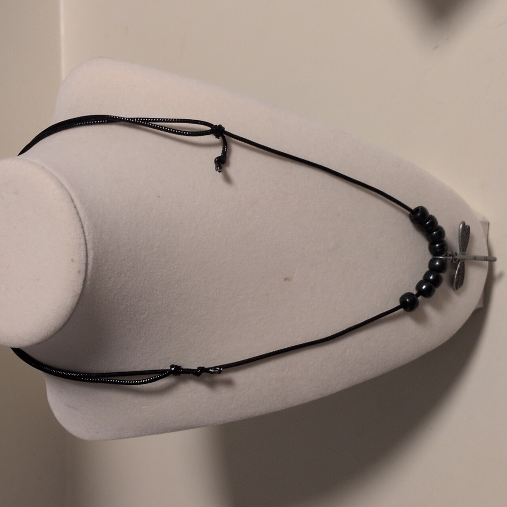 Black Beaded Adjustable Necklace with Silver Dragonfly Pendant‎
